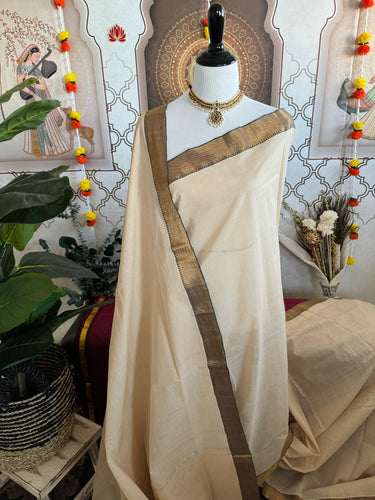 Handwoven Mangalgiri Cotton Saree | Off-White | Gold Zari | Handwoven | Ships from California
